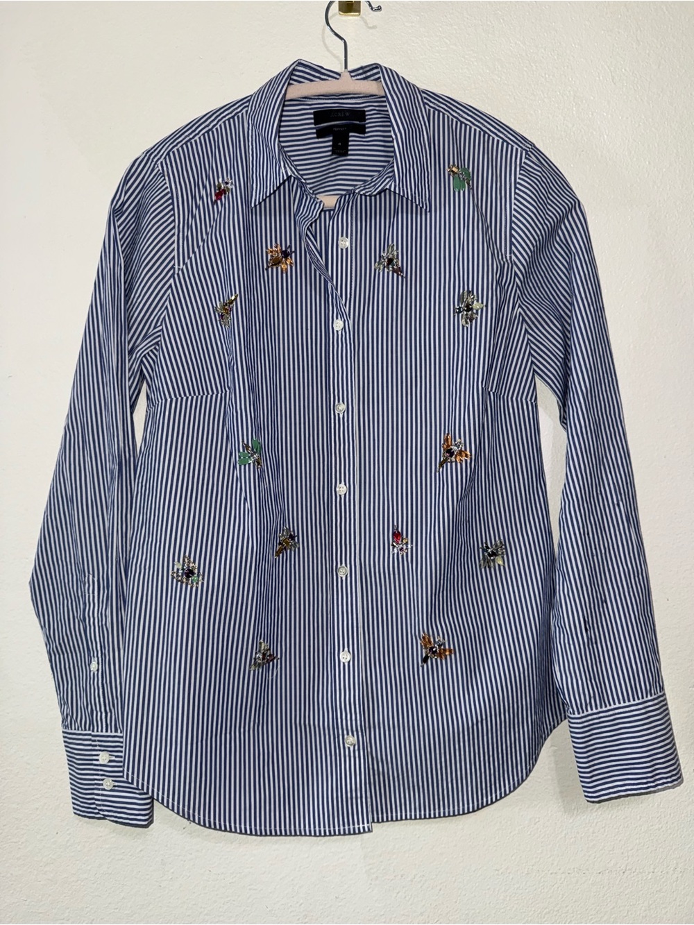 J. Crew Blue and White Striped Embroidered Button-Up Shirt